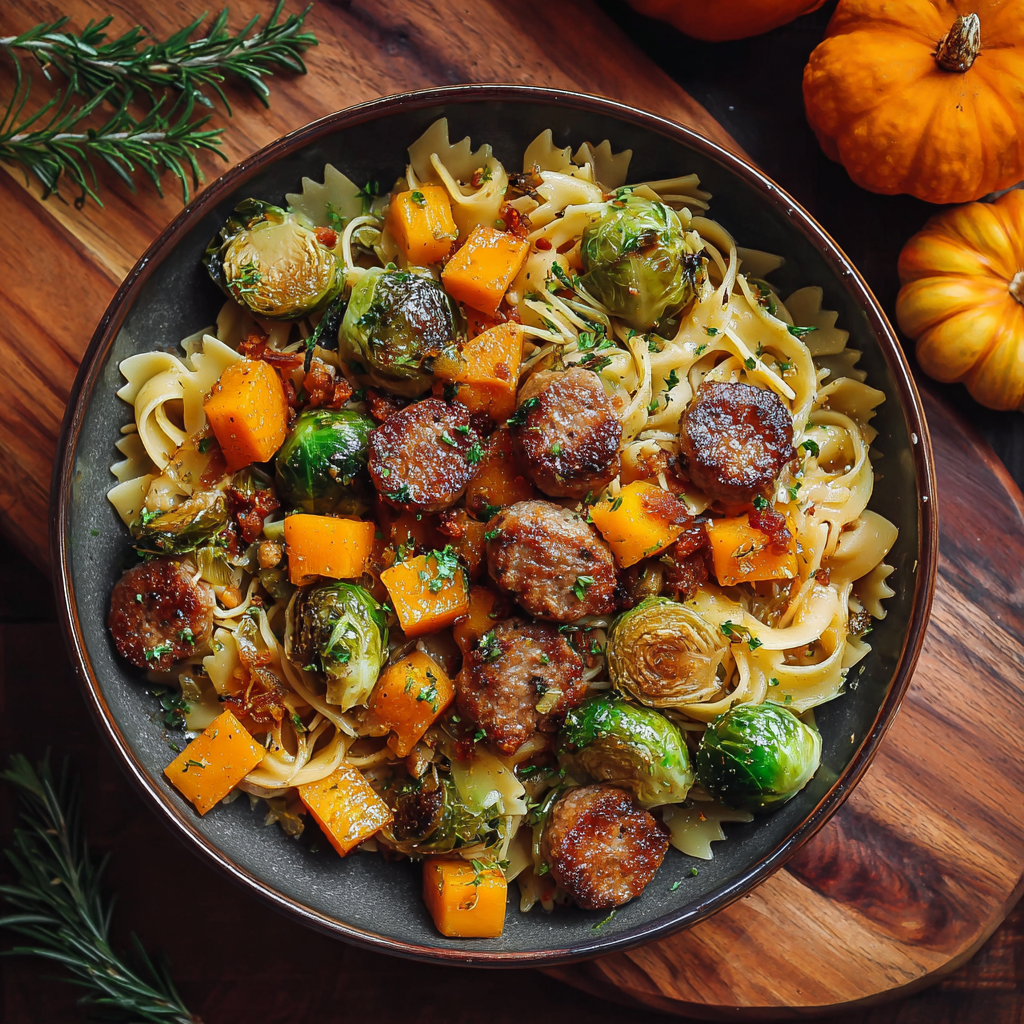 Roasted butternut squash and Brussels sprouts tossed with pasta and sausage