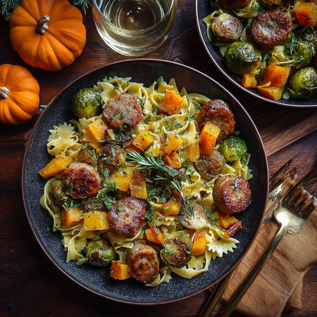 Skillet with sausage slices sizzling and garlic butter sauce