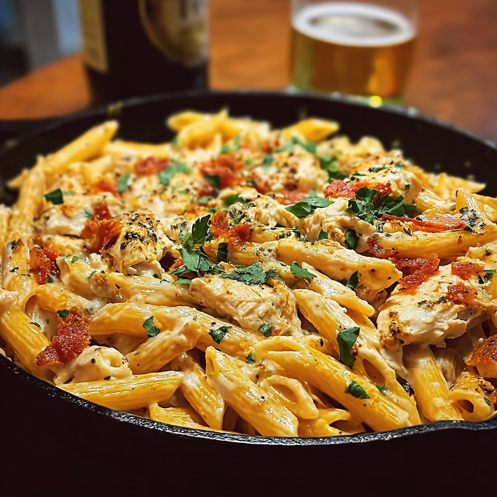 Crack Chicken Penne in Dutch oven, cheesy top