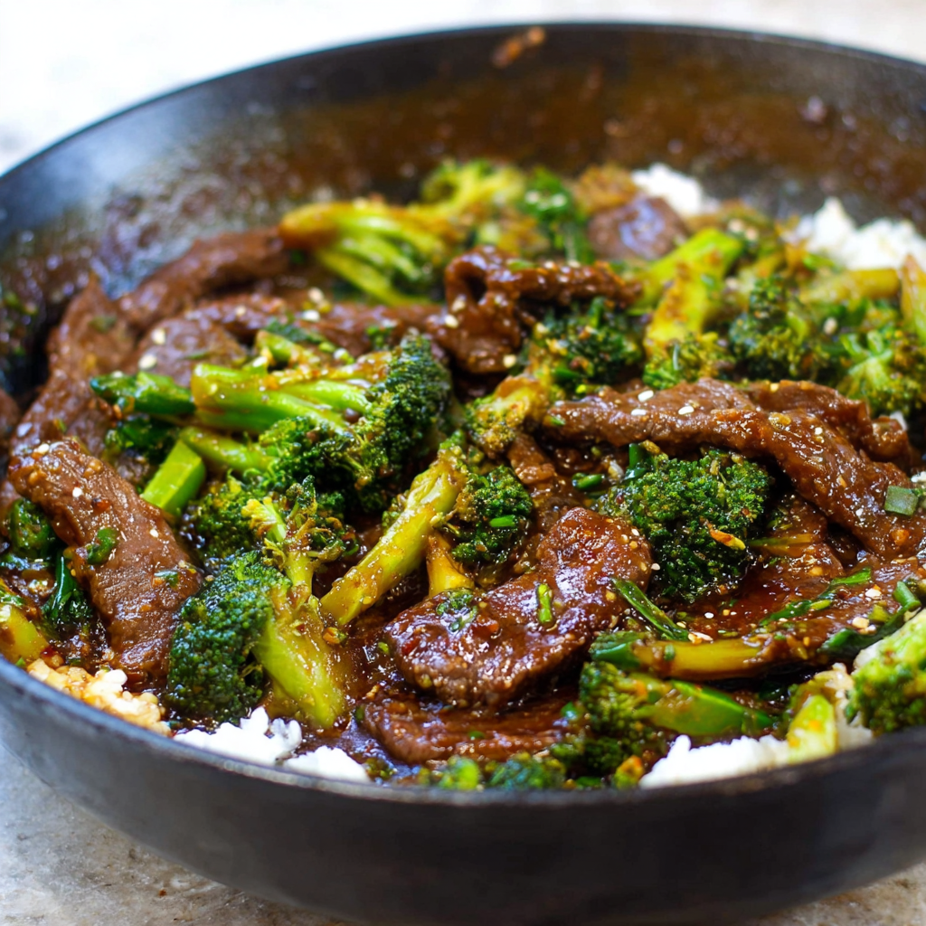 Better-than-takeout beef with broccoli in a skillet, glossy sauce coating beef and florets
