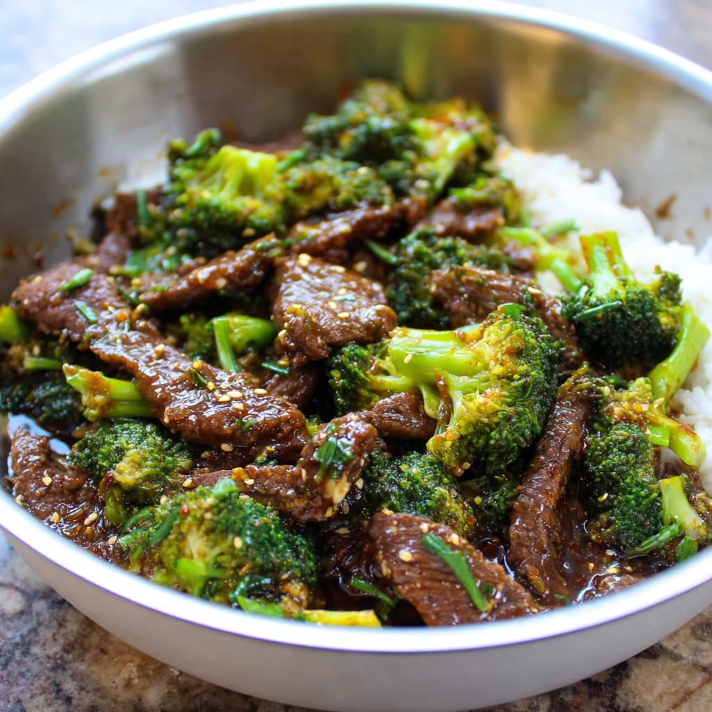 Plated beef and broccoli over rice, garnished with sesame seeds and green onions