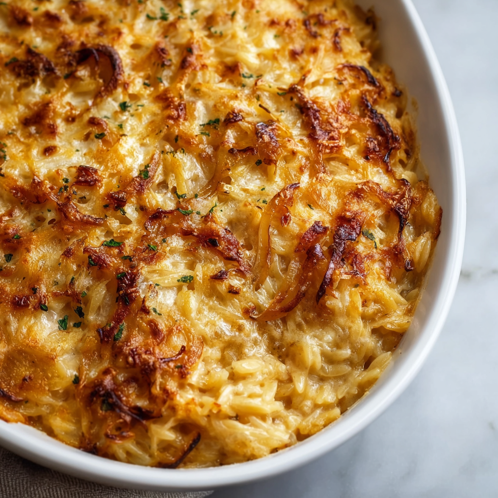 Close-up of cheesy French Onion Orzo Bake portion plated