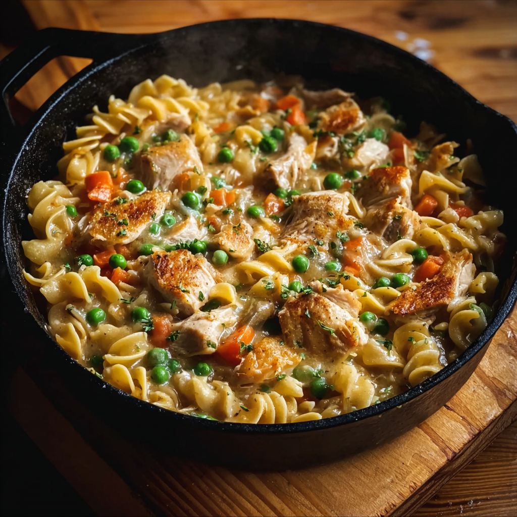 Close-up of creamy chicken and noodles in skillet