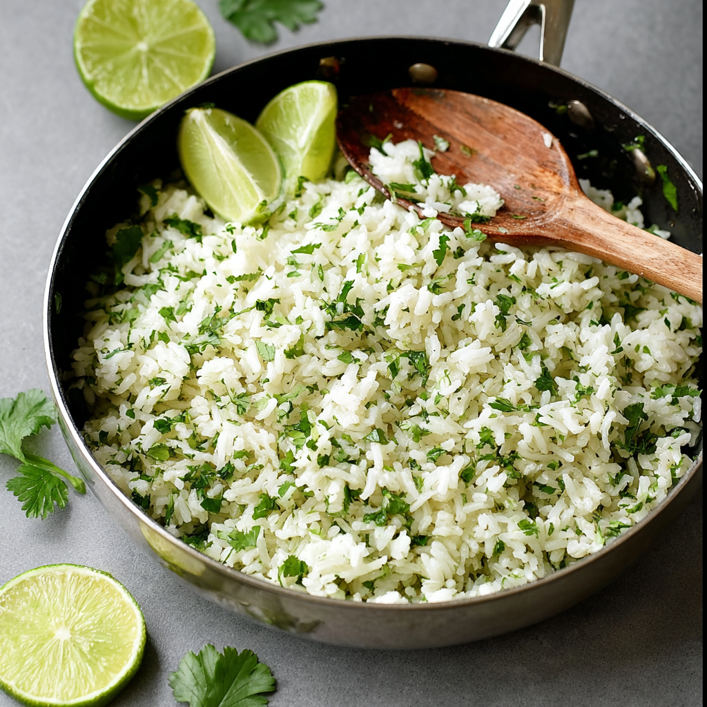 Bowl of cilantro lime rice with lime wedge