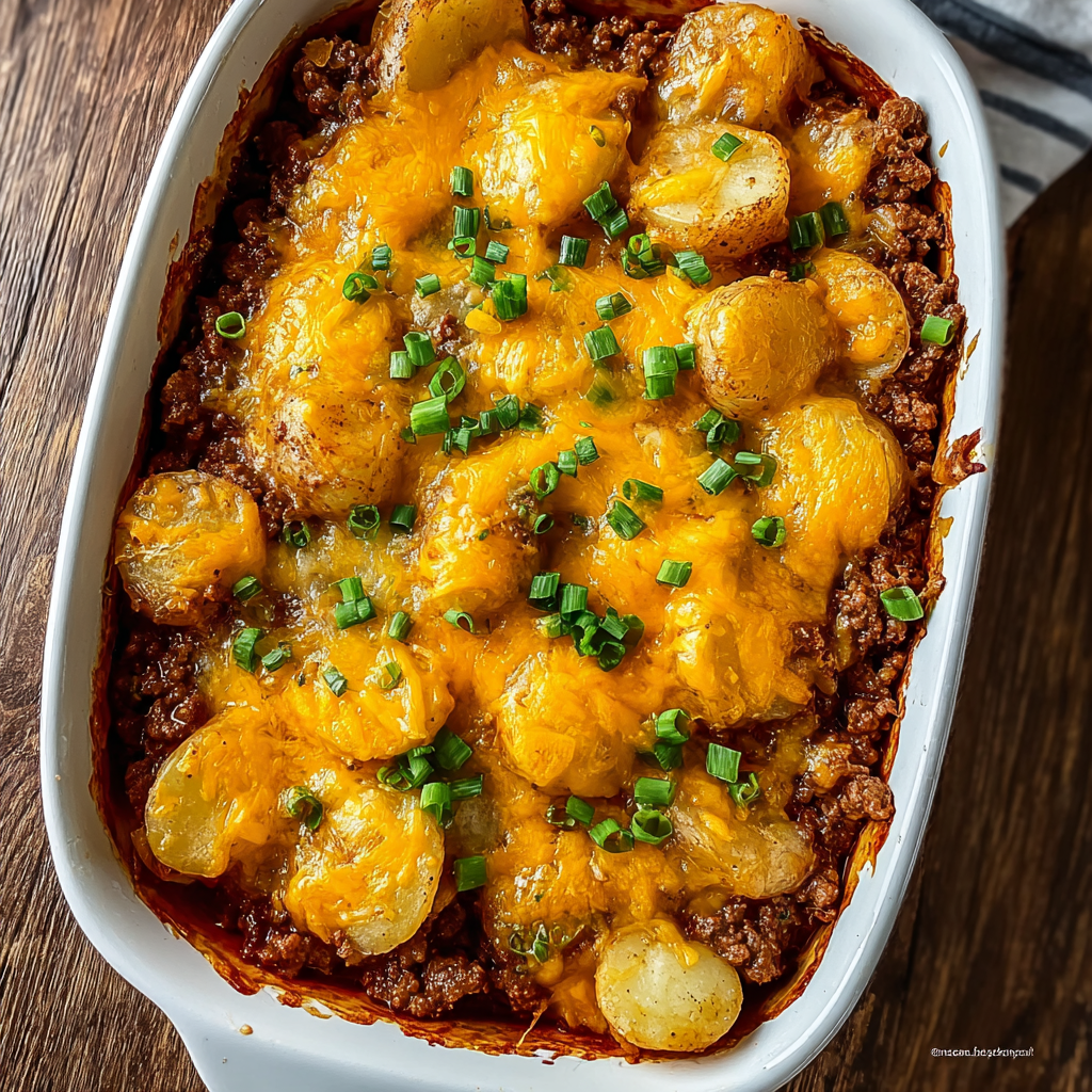 Assembled hobo casserole in baking dish with melted cheese