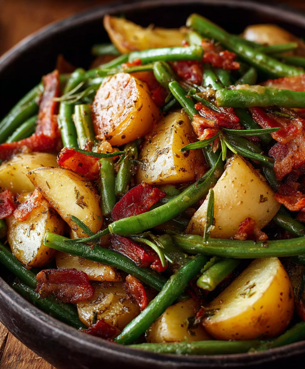 Ranch green beans and potatoes in skillet with bacon