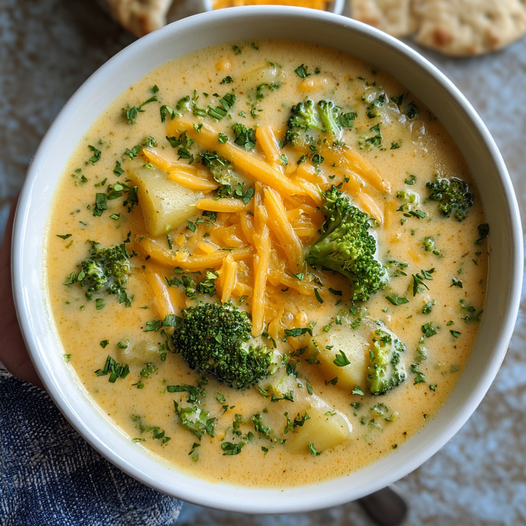 Slow cooker broccoli cheddar potato soup in bowl