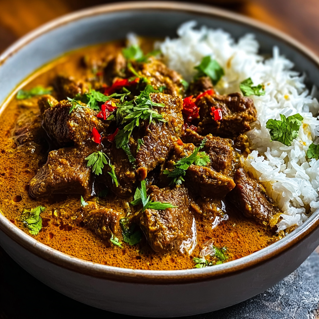Slow cooked coconut beef curry in a bowl with rice