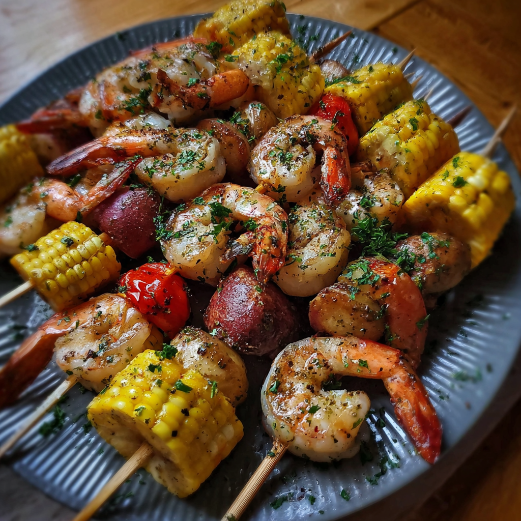 Mixed seafood kabobs on the grill