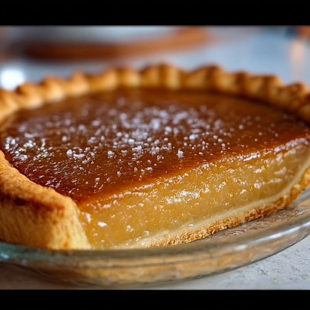 Salted honey pie with flaky sea salt on a wooden board