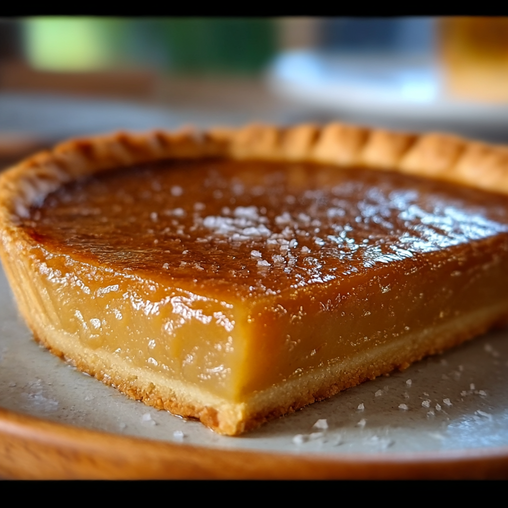 Slice of salted honey pie on a plate with flaky sea salt