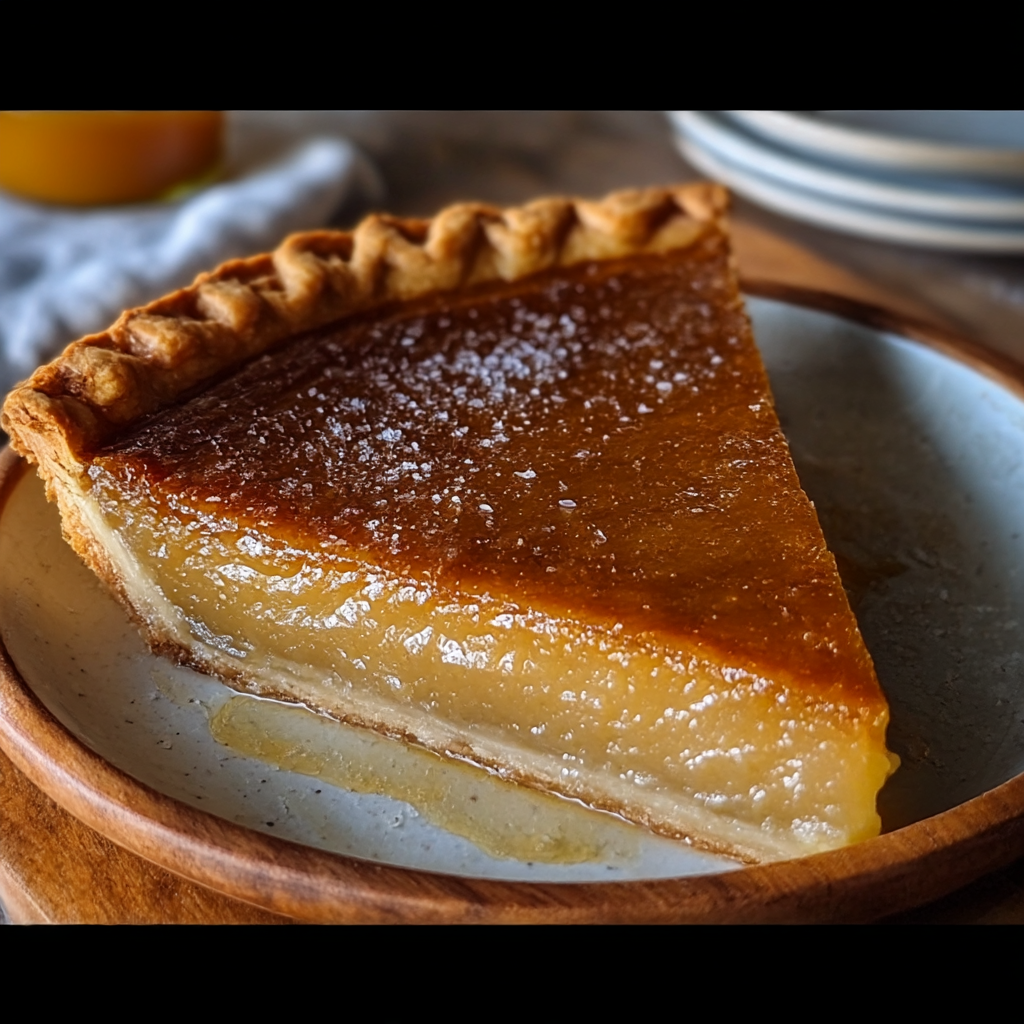 Whole salted honey pie with slices cut and flaky salt on top