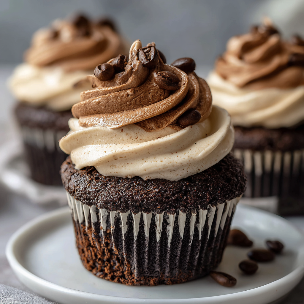 Close-up of mocha cupcakes with whipped cream and chocolate shavings