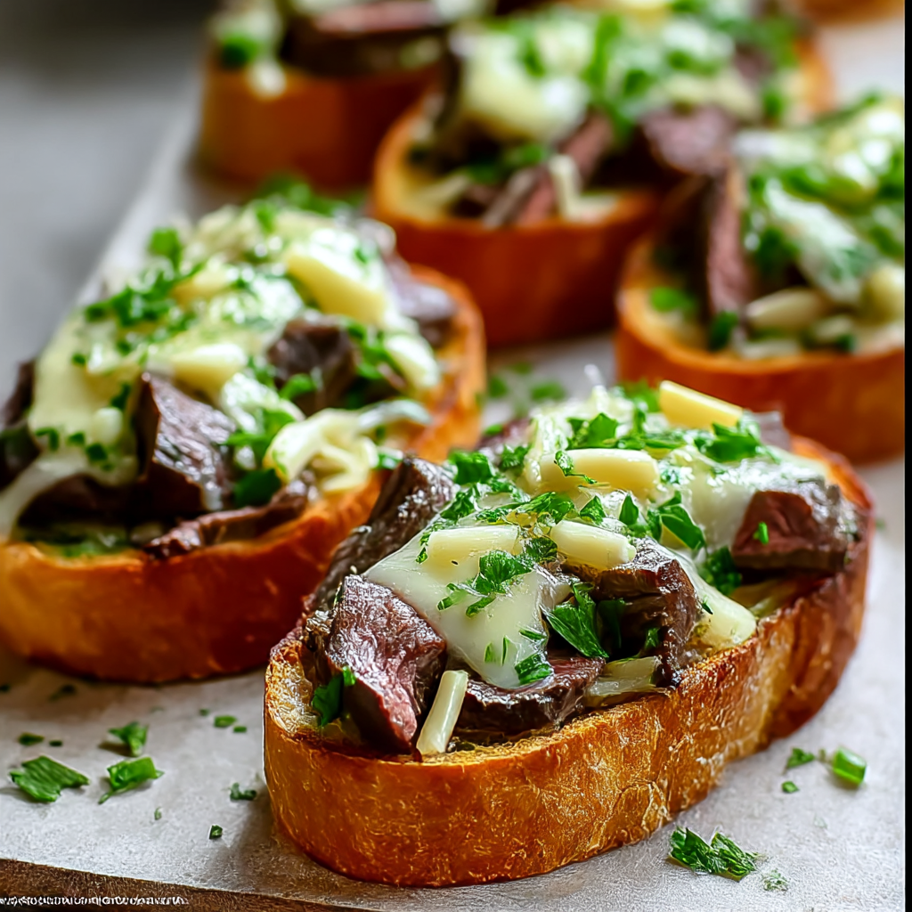 Steak Cheese Toast on baking sheet