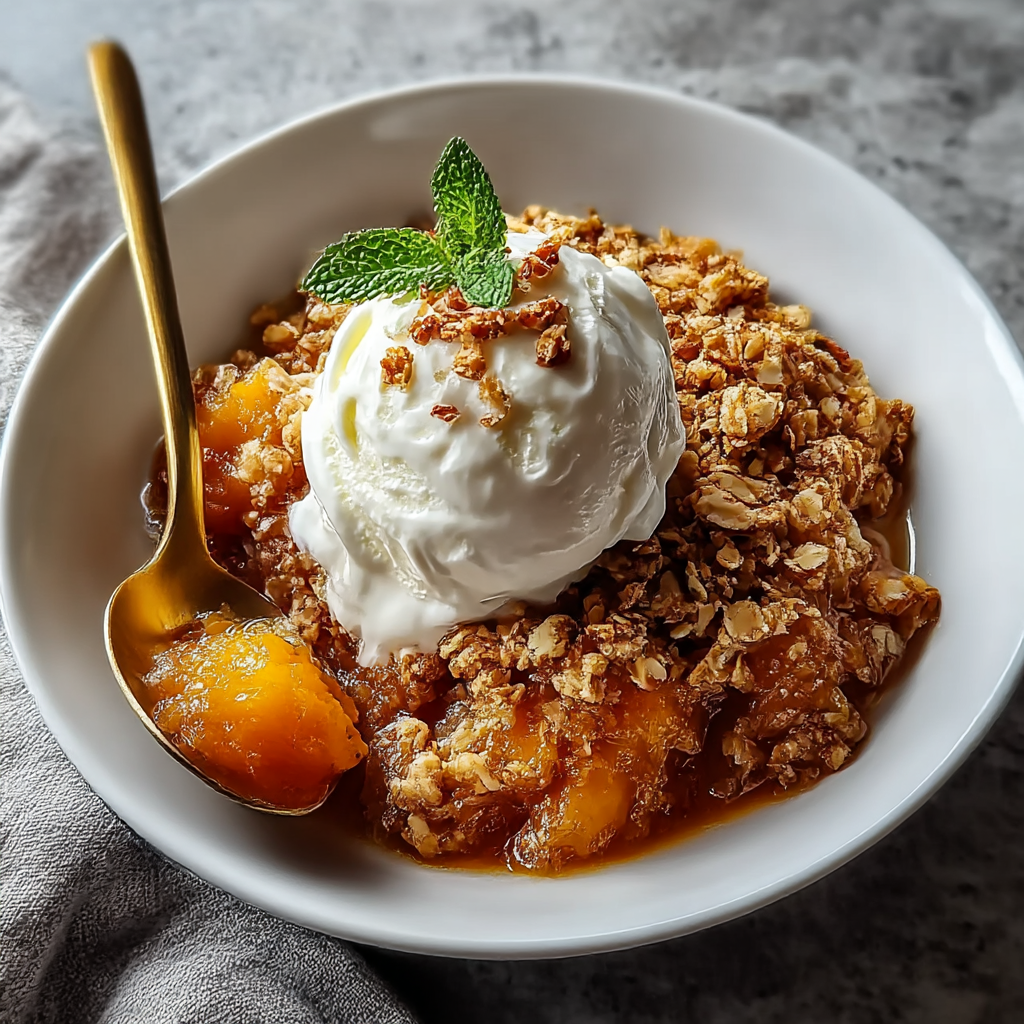Pumpkin crisp in a baking dish with golden oat topping
