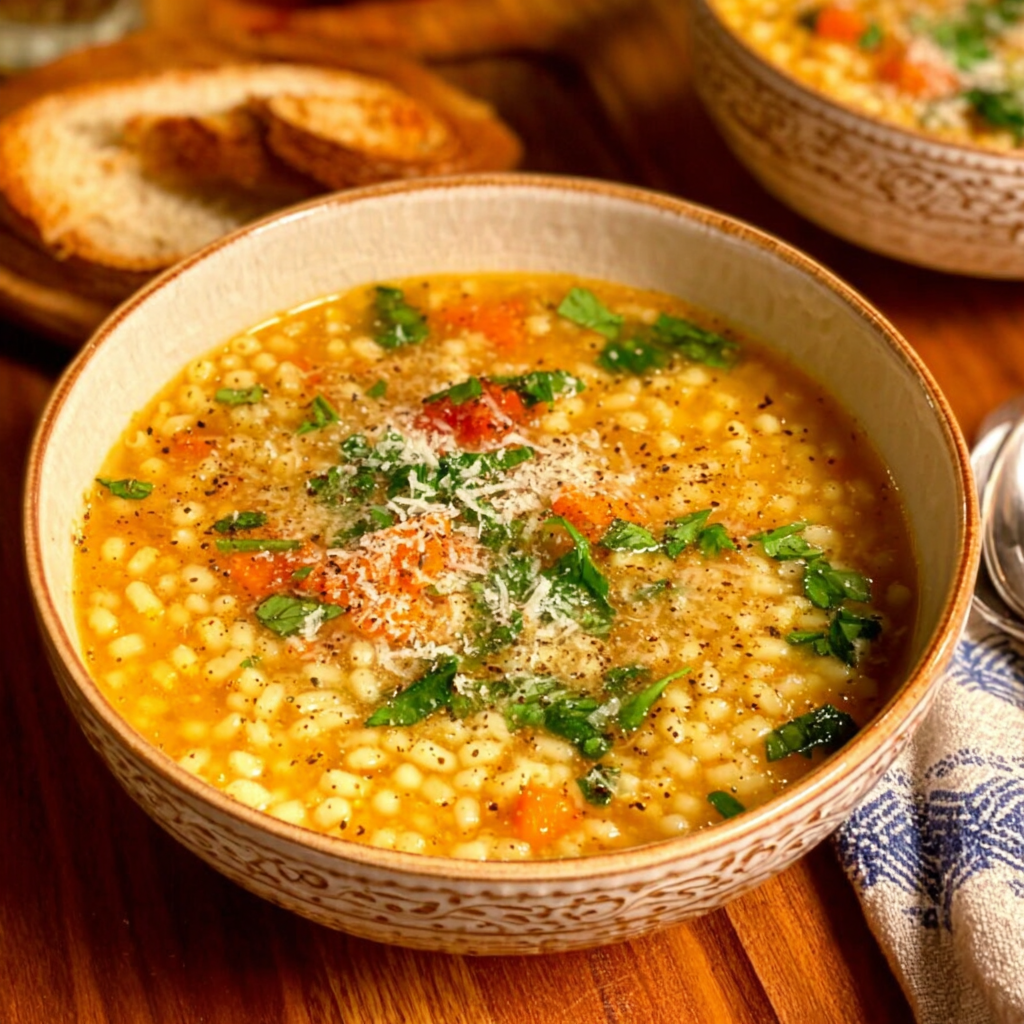 Bowl of pastina soup with Parmesan