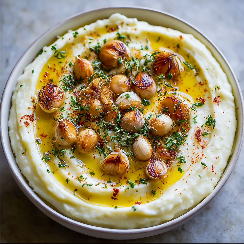 Roasted garlic cloves squeezed into a bowl with olive oil
