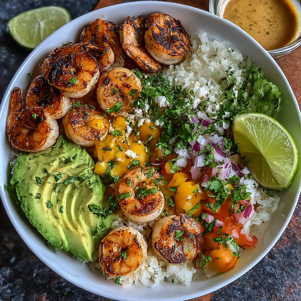 Grilled shrimp and mango salsa in bowls