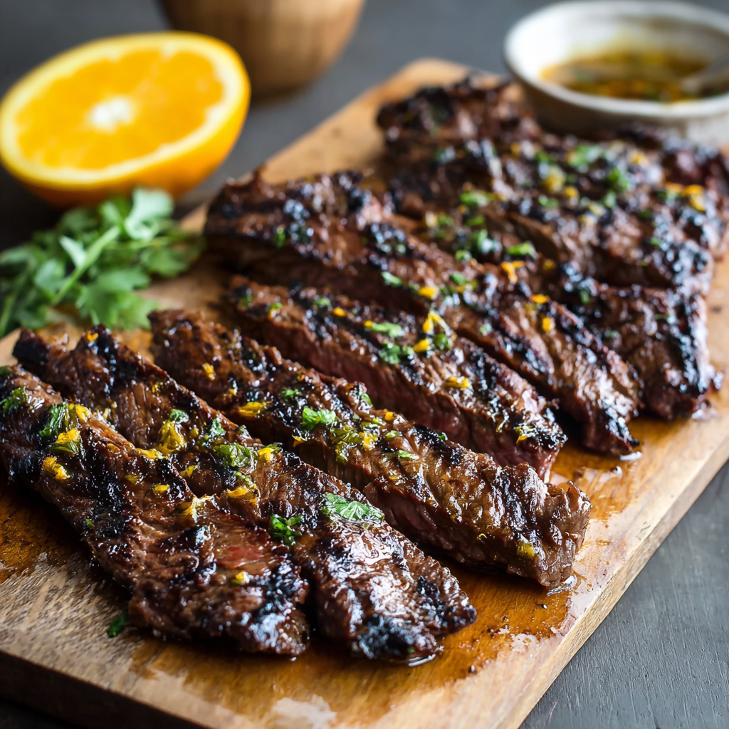 Skirt steak sliced on a cutting board with marinade bowl