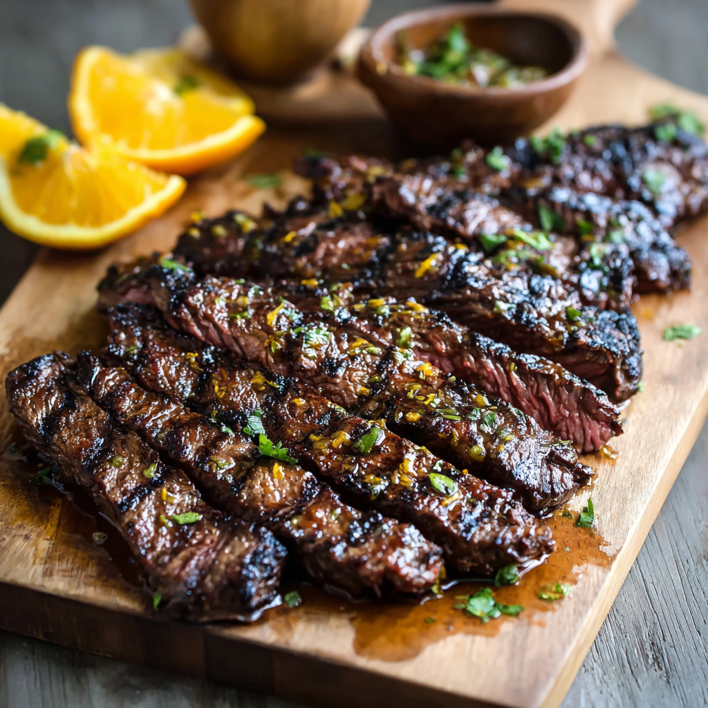 Grilled skirt steak with char marks on a platter