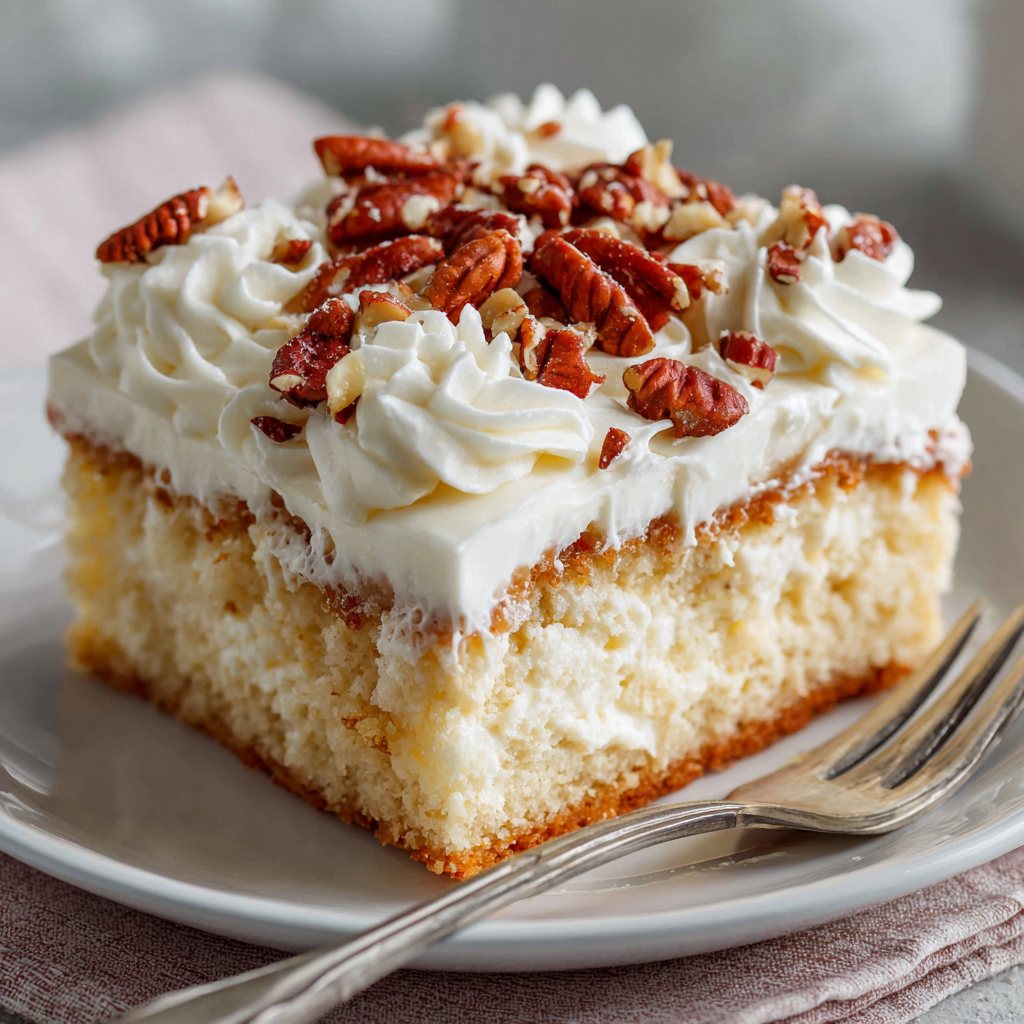 Italian Cream Sheet Cake topped with toasted coconut and pecans