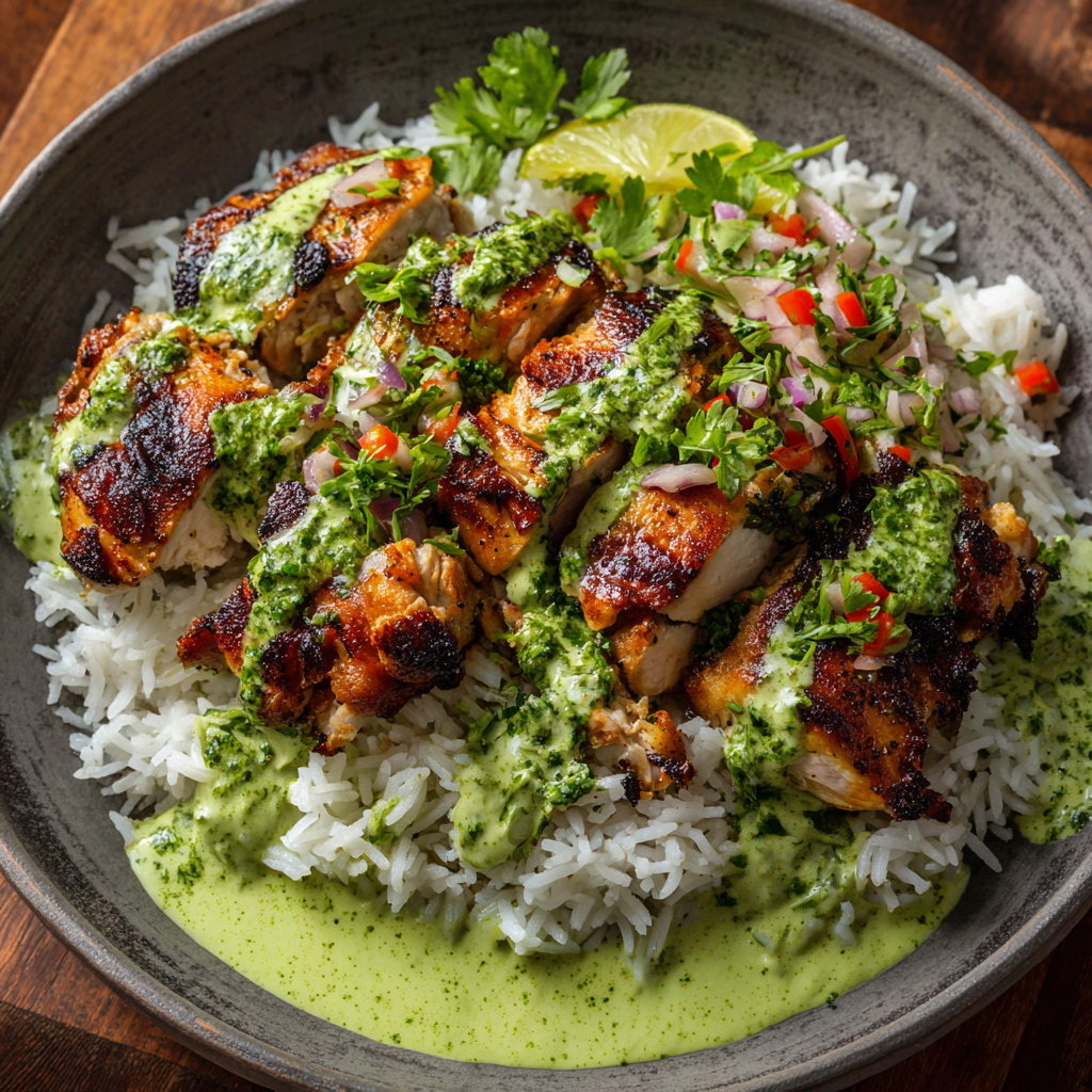 Peruvian chicken served with yellow rice and green sauce