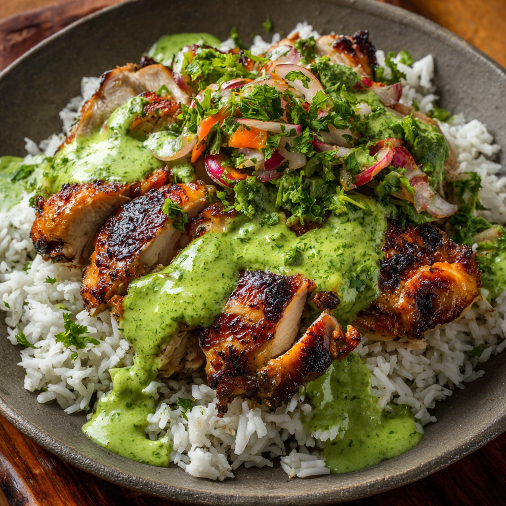 Close-up of green sauce being drizzled over chicken