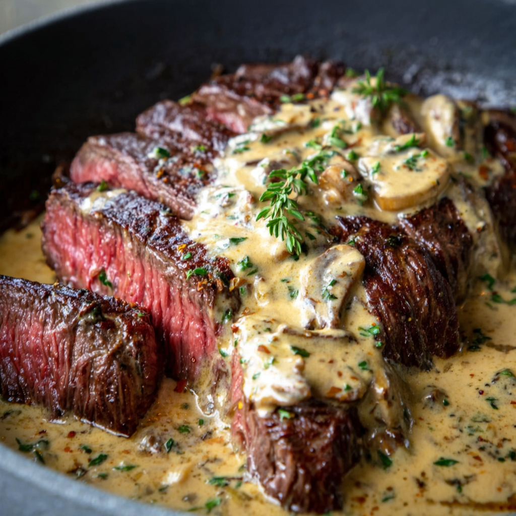 Cast Iron Bavette Steak with Whiskey Garlic Cream Sauce