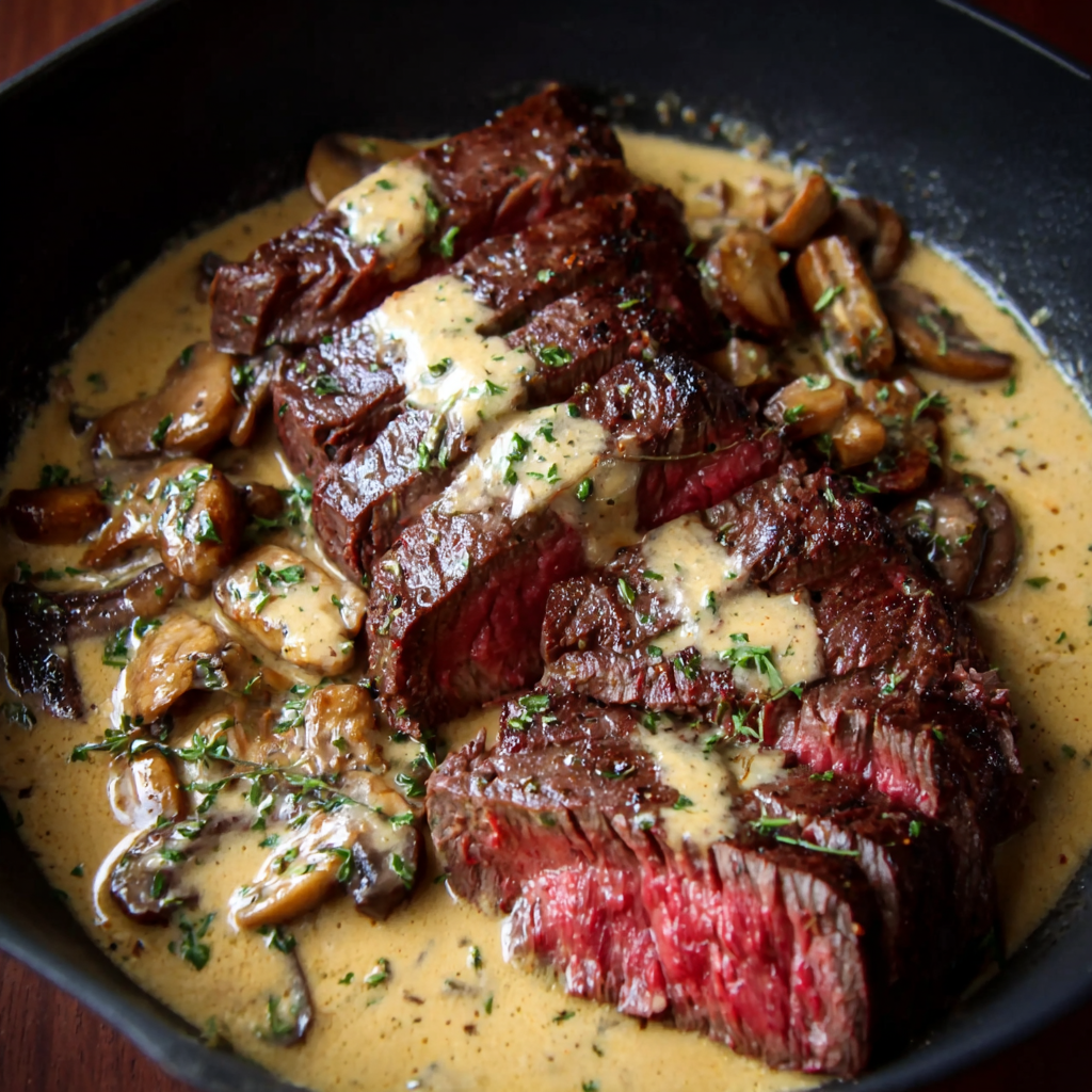 Seared bavette steak in cast iron skillet