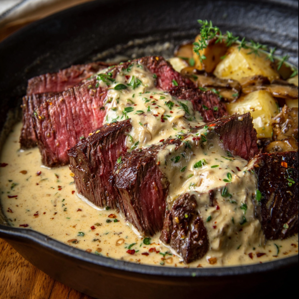 Plated bavette steak sliced with cream sauce