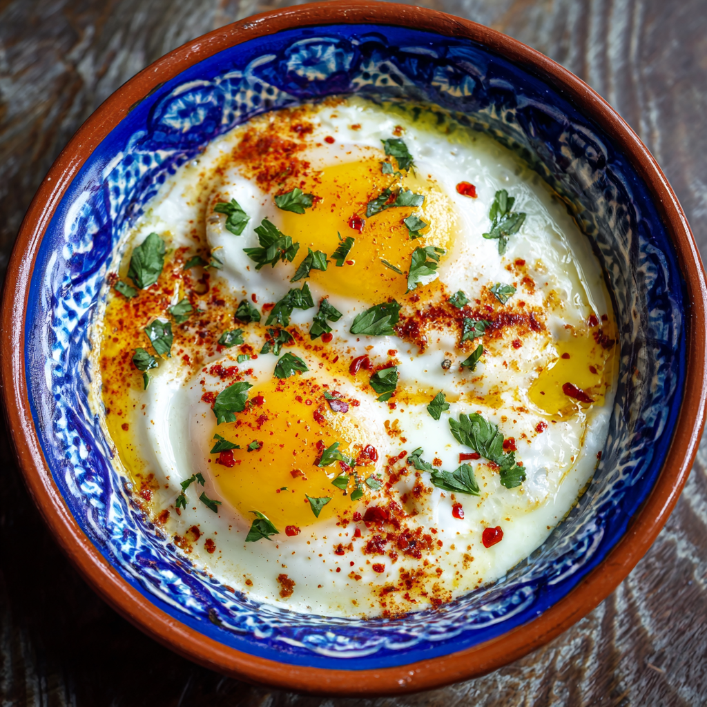 Cilbir - Turkish eggs in garlicky yogurt with spicy oil