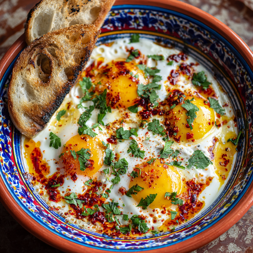 Close up of poached egg on garlicky yogurt with peppery oil