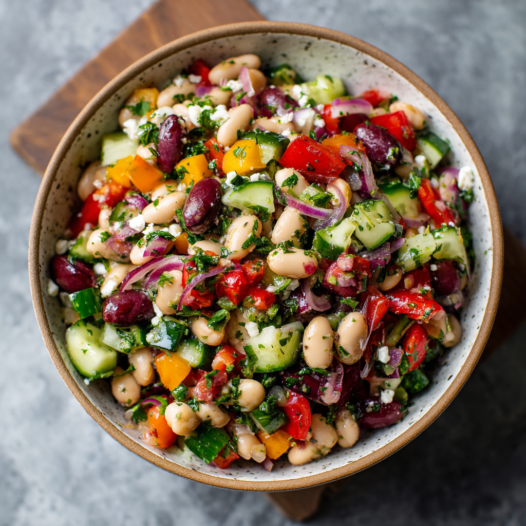 Dense Bean Salad in a bowl with colorful peppers and olives
