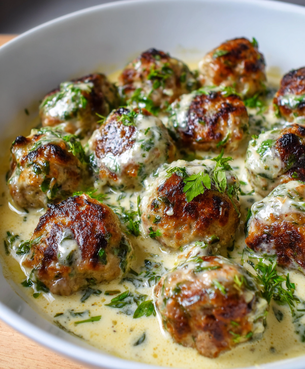 Baked turkey meatballs in a basil cream sauce