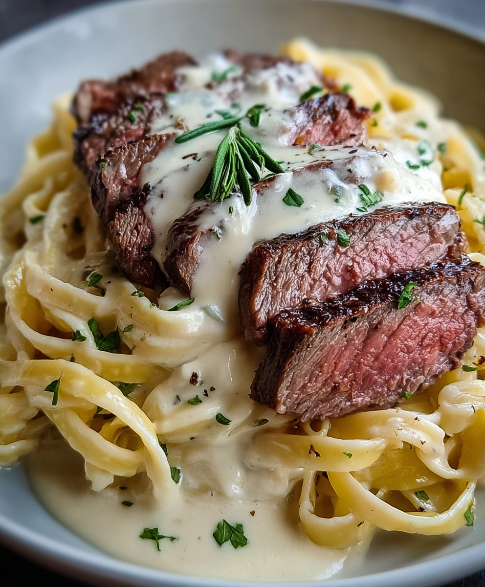 Sliced steak and pasta in creamy sauce