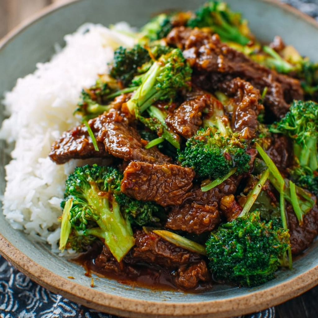 Beef and broccoli in glossy brown sauce