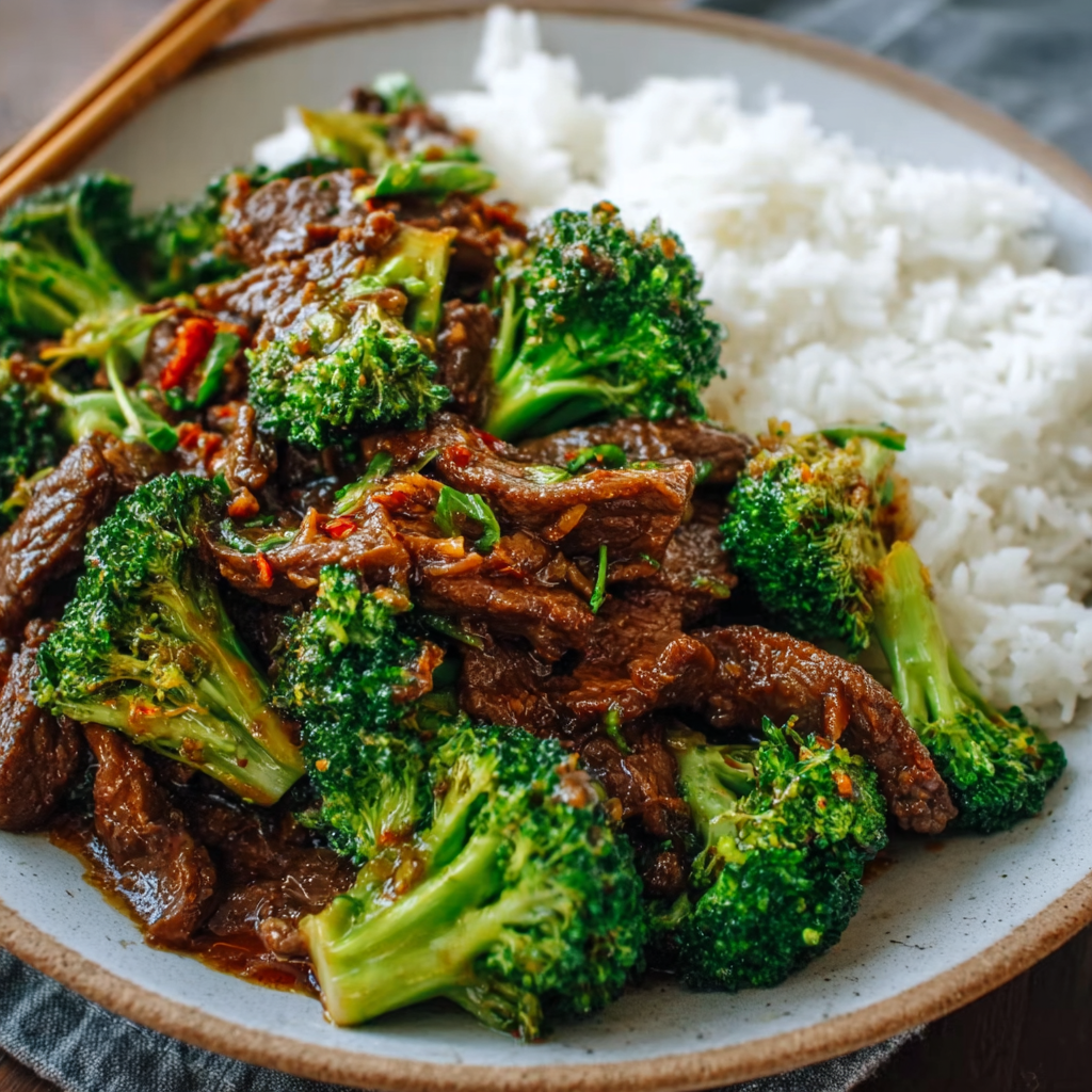 Close up of broccoli florets and beef slices