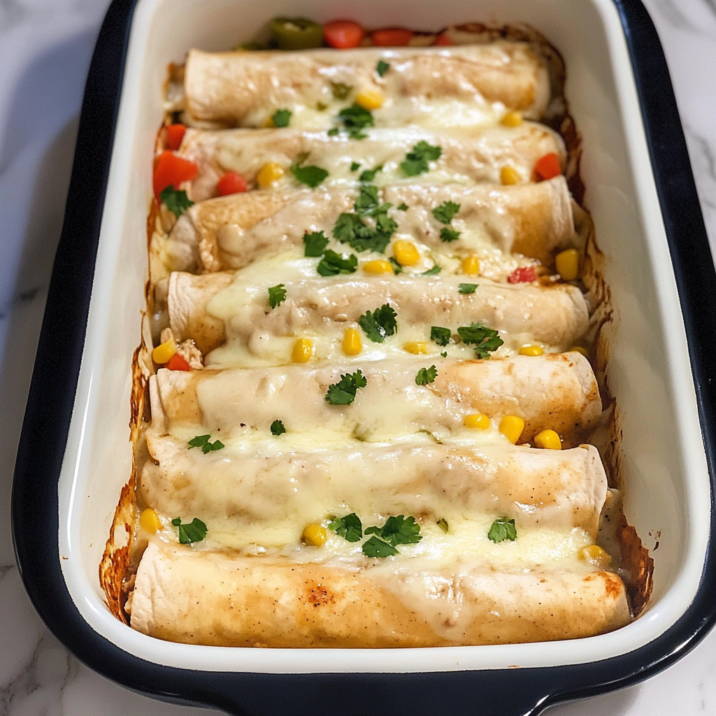White chicken enchiladas in baking dish with melted cheese