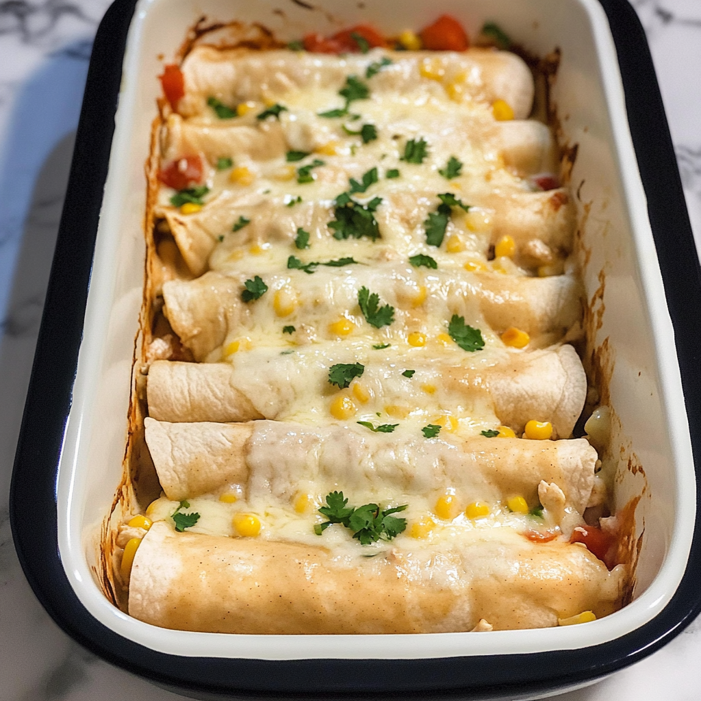 Close-up of a rolled enchilada on a plate with garnish