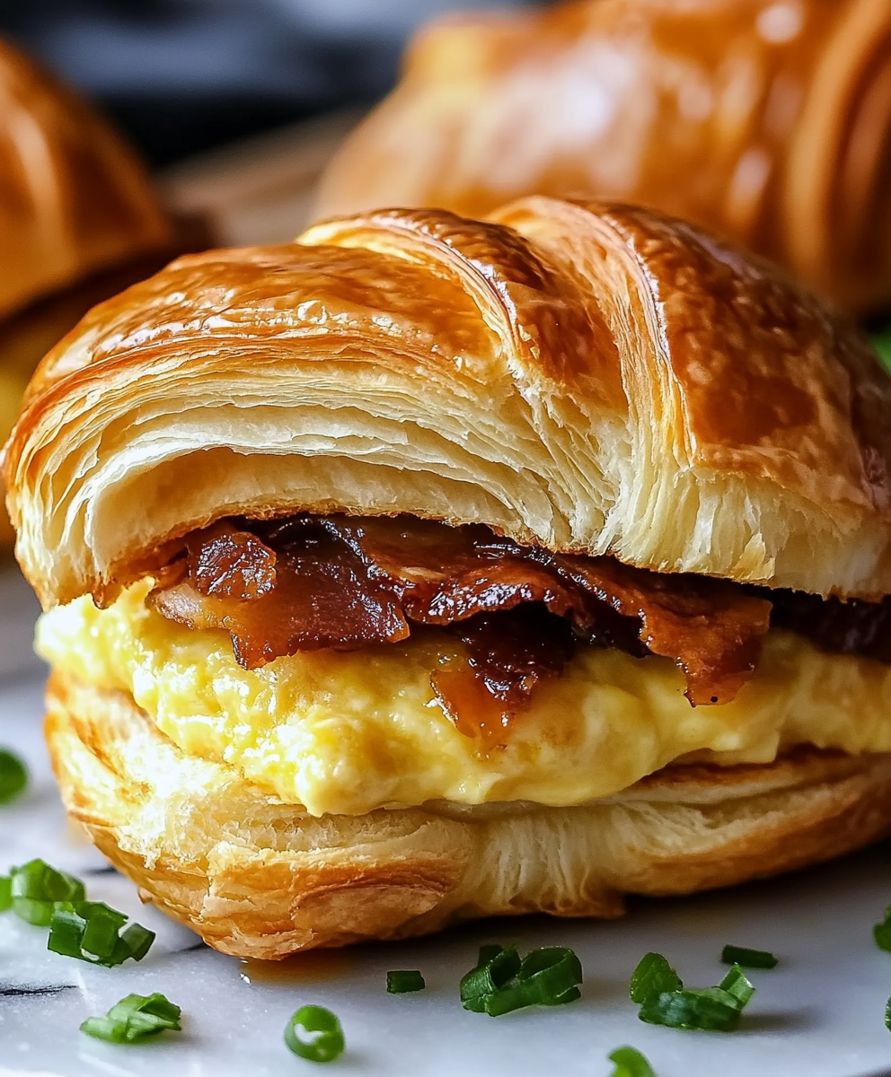 Assembled breakfast croissant sandwiches with eggs and sausage