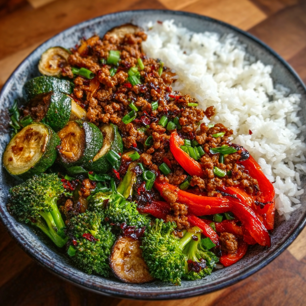 Spicy ground beef stir-fry bowl with garlic vegetables and rice