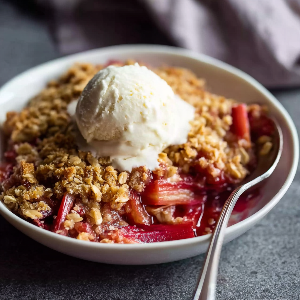 Baked rhubarb crisp in a 9x13 dish