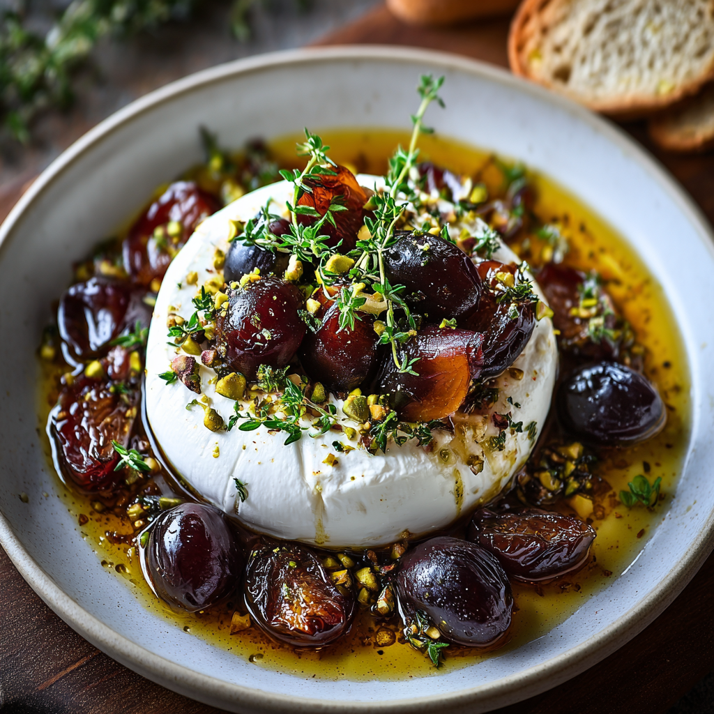 Close up of burrata, pistachios and thyme