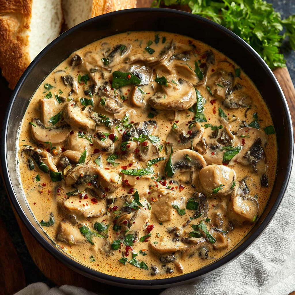 Golden sautéed mushrooms in creamy sauce