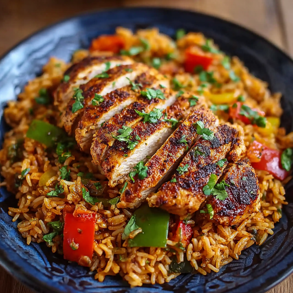 One pot Cajun chicken and rice in skillet with mango and cilantro