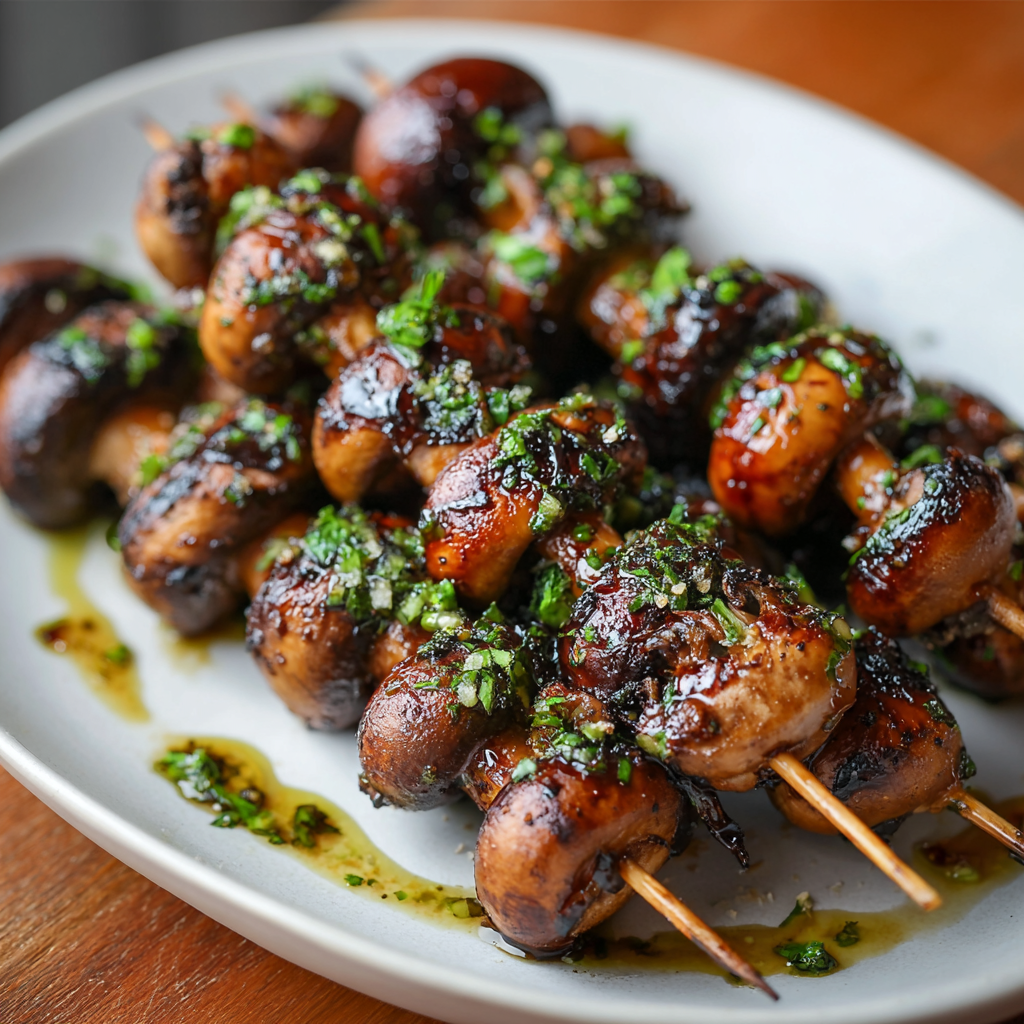 Grilled mushroom skewers plated and garnished