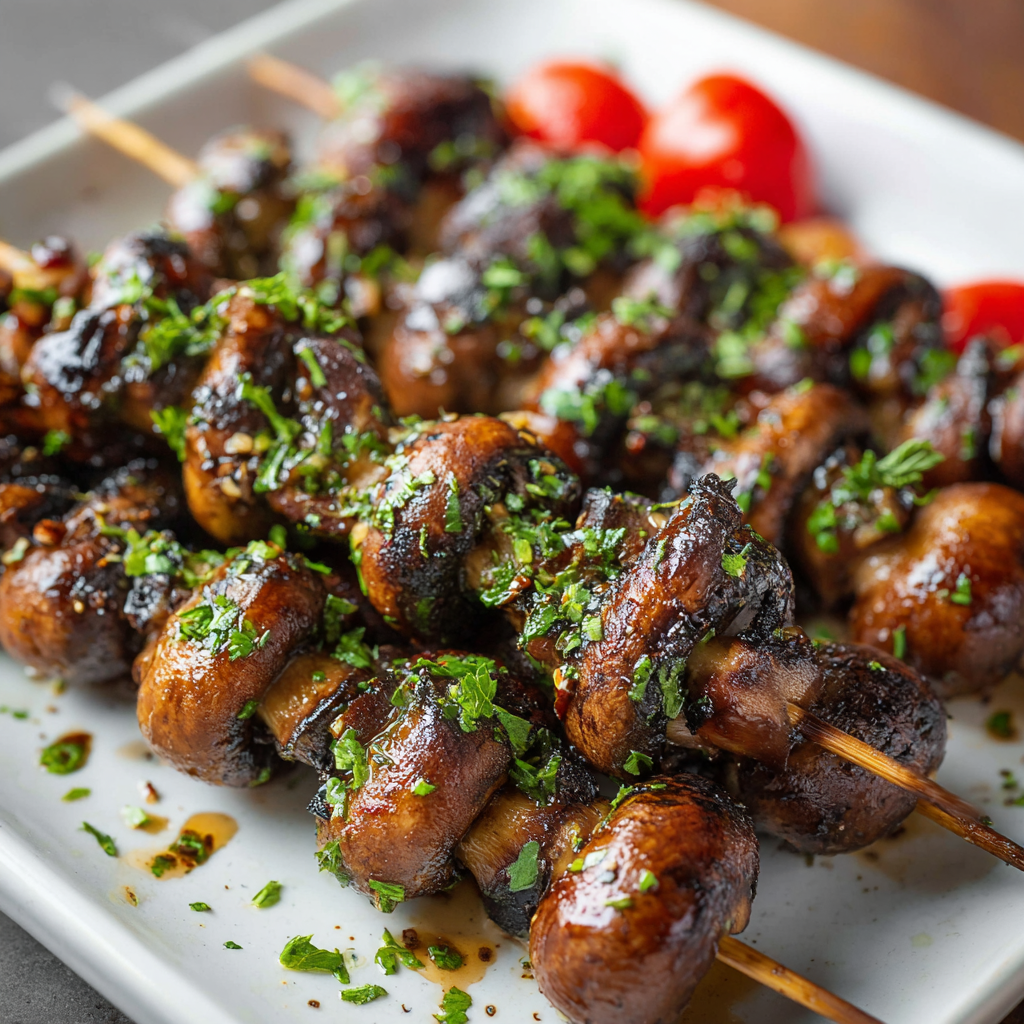 Skewered mushrooms ready for the grill