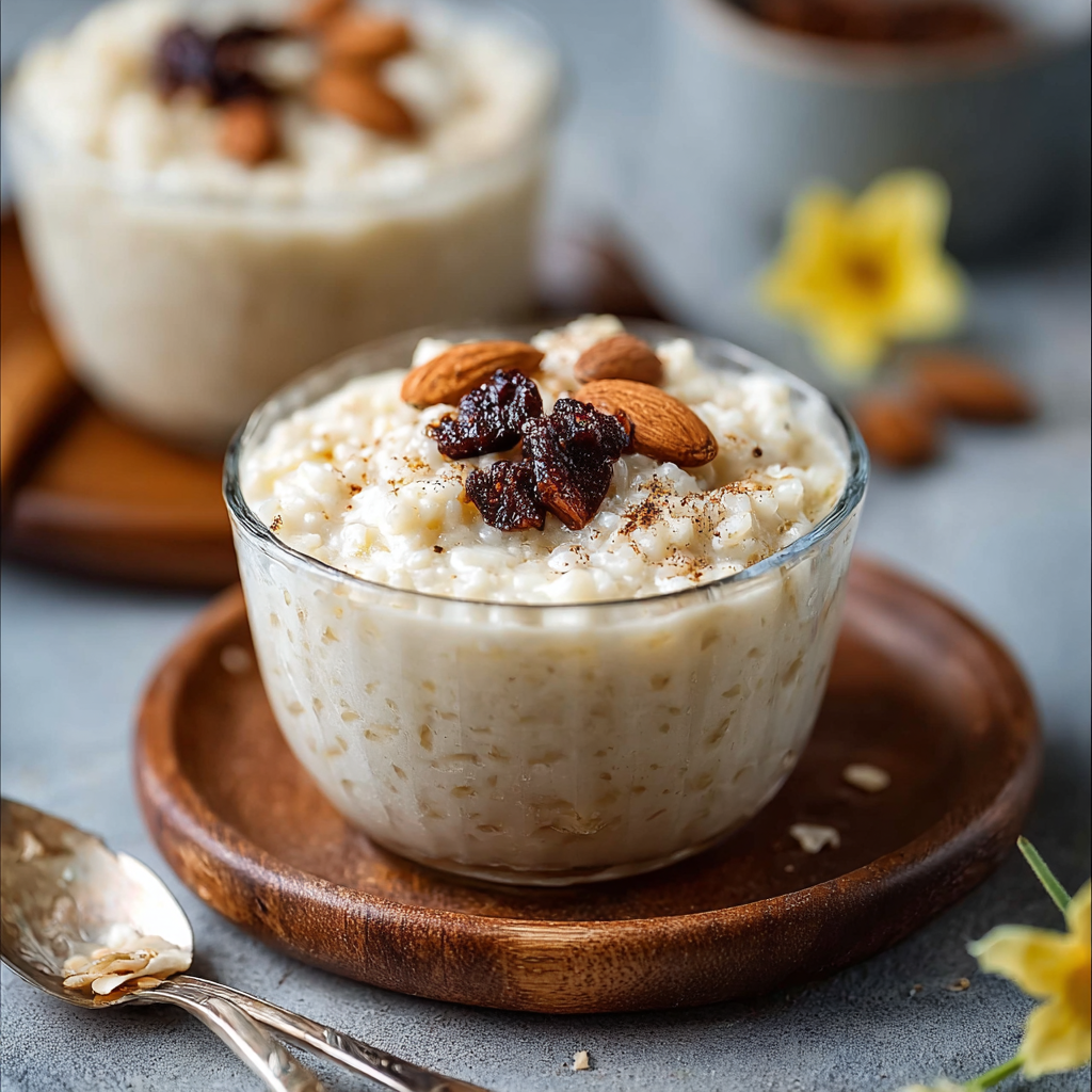 A pot of thickened brown rice pudding on the stove
