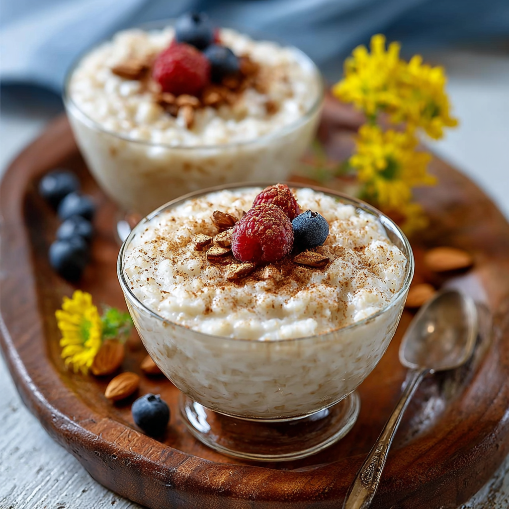 Individual bowls of brown rice pudding topped with cinnamon and butter