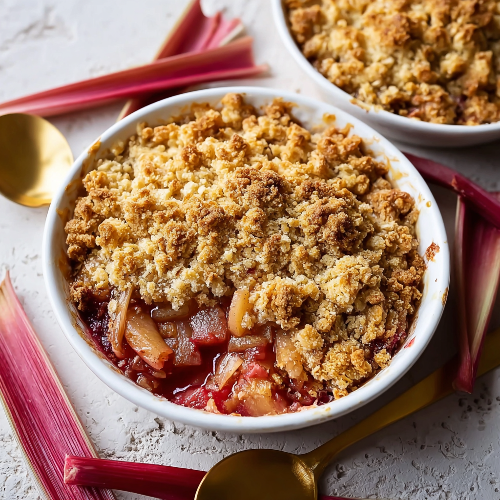 Apple and rhubarb crumble in baking dish